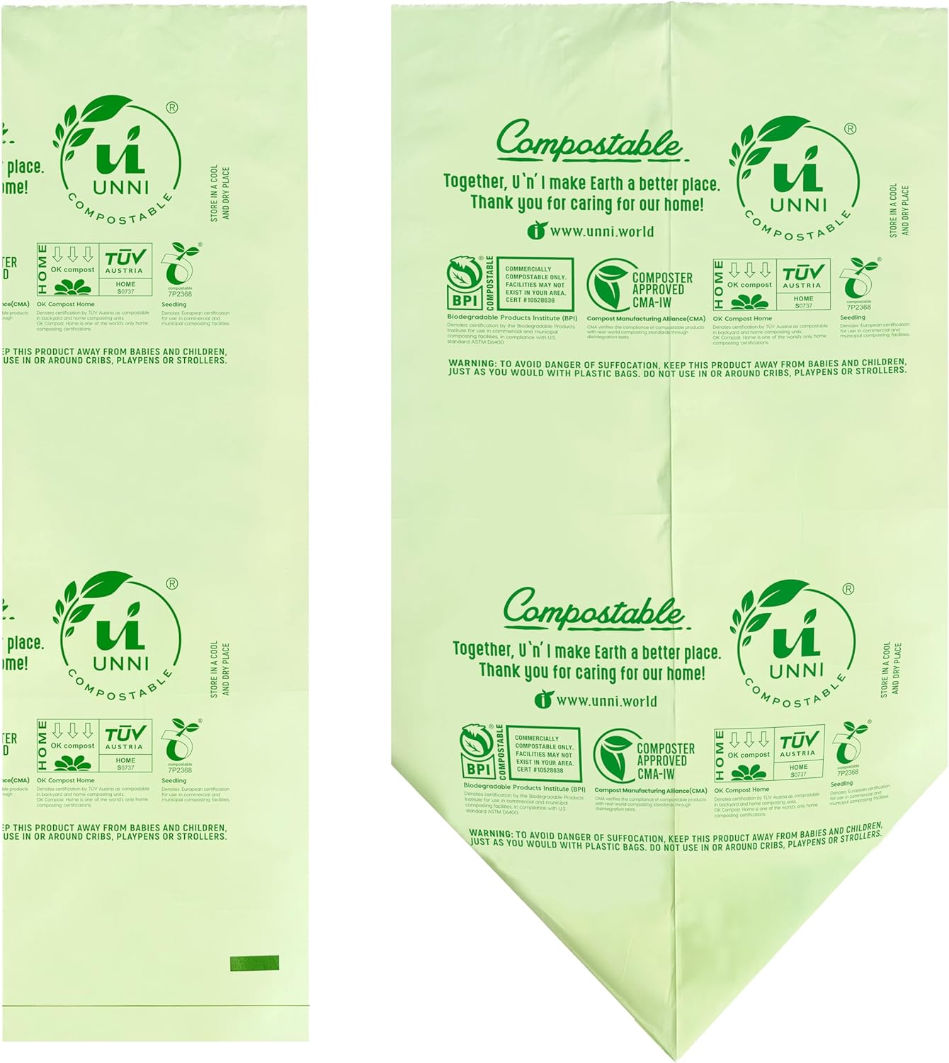 UNNI Compostable Trash Bags, 13 Gallon / 49.2 Liter, 50 Count, Extra Thick 0.9 Mil Tall Kitchen Food Scrap Bin Liners, Certified by BPI, CMA & OK compost HOME, Meets the ASTM D6400 Standard
