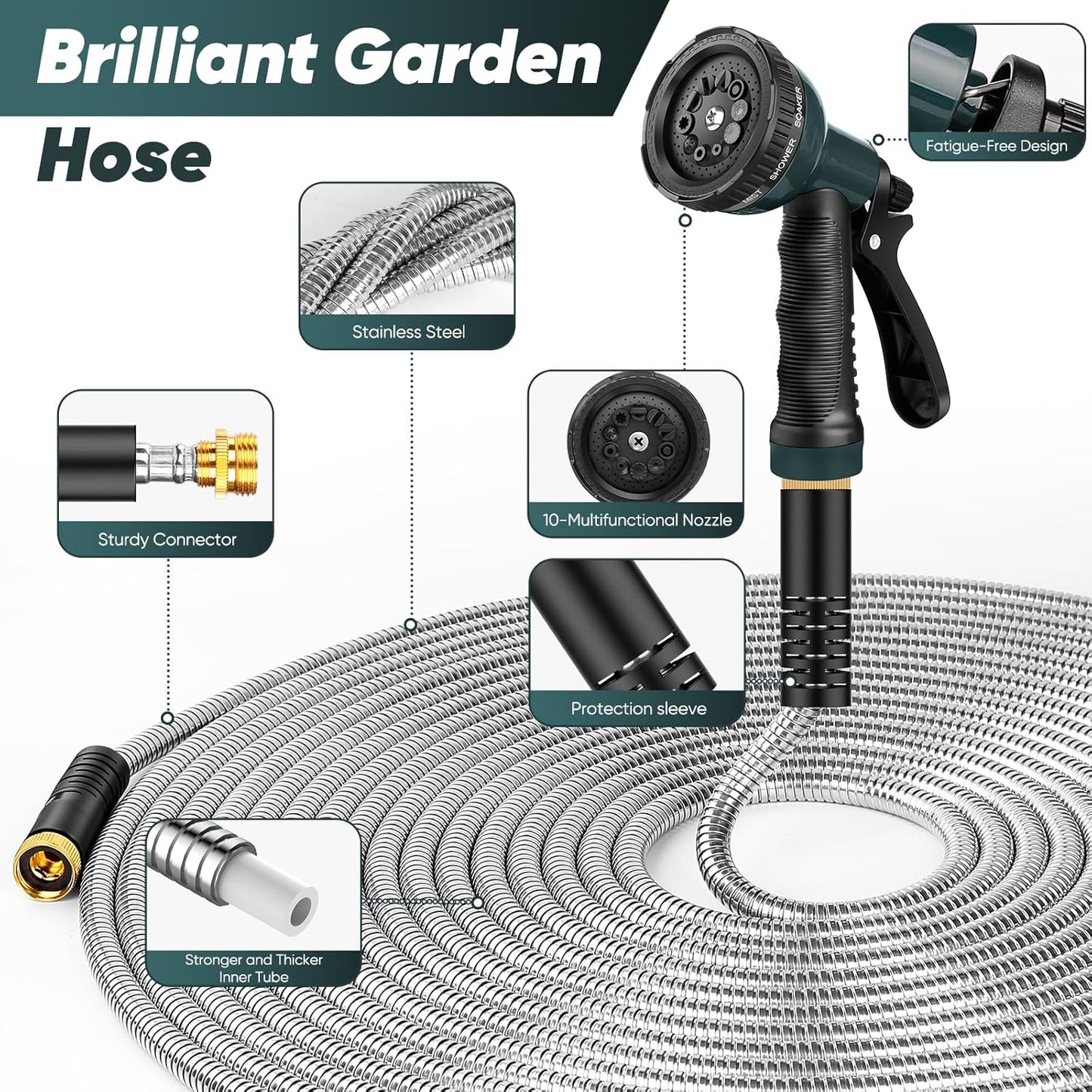 Garden Hose with 10-Function Nozzle, Leak-proof Metal Connector Hose, No Knots, Kink-Free, Lighter, Anti-Pets, Wear-Resistant, 3/4 GHT, Water Hose for Garden, Yard, Outdoor（75 FT）