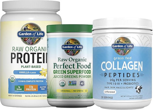 Garden of Life Holistic Wellness Bundle – Perfect Food Powder 30 Servings + Grass Fed Collagen Peptides 28 Servings + Vegan Vanilla Protein with BCAAs & Probiotics 20 Servings