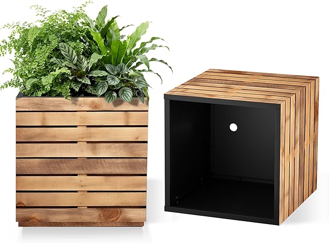 Metal Planter Box for Outdoor Plants, Black Rectangular Planters for Porch with Drainage Holes, All-Weather Use, Rust-Resistance (17" L x 17" W x 18" H, Walnut Wood Grain)