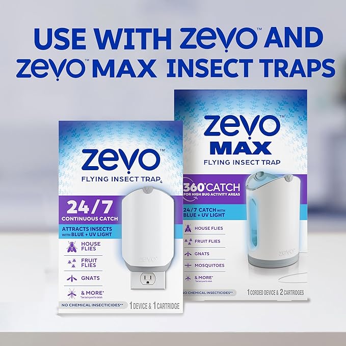 Zevo Flying Insect Trap Official Refill Cartridges - Fits Both Zevo Trap & MAX Indoor Fly Trap - Authentic Trap+Lock Technology to Catch Gnats, House & Fruit Flies (4 Official Refill Cartridges)
