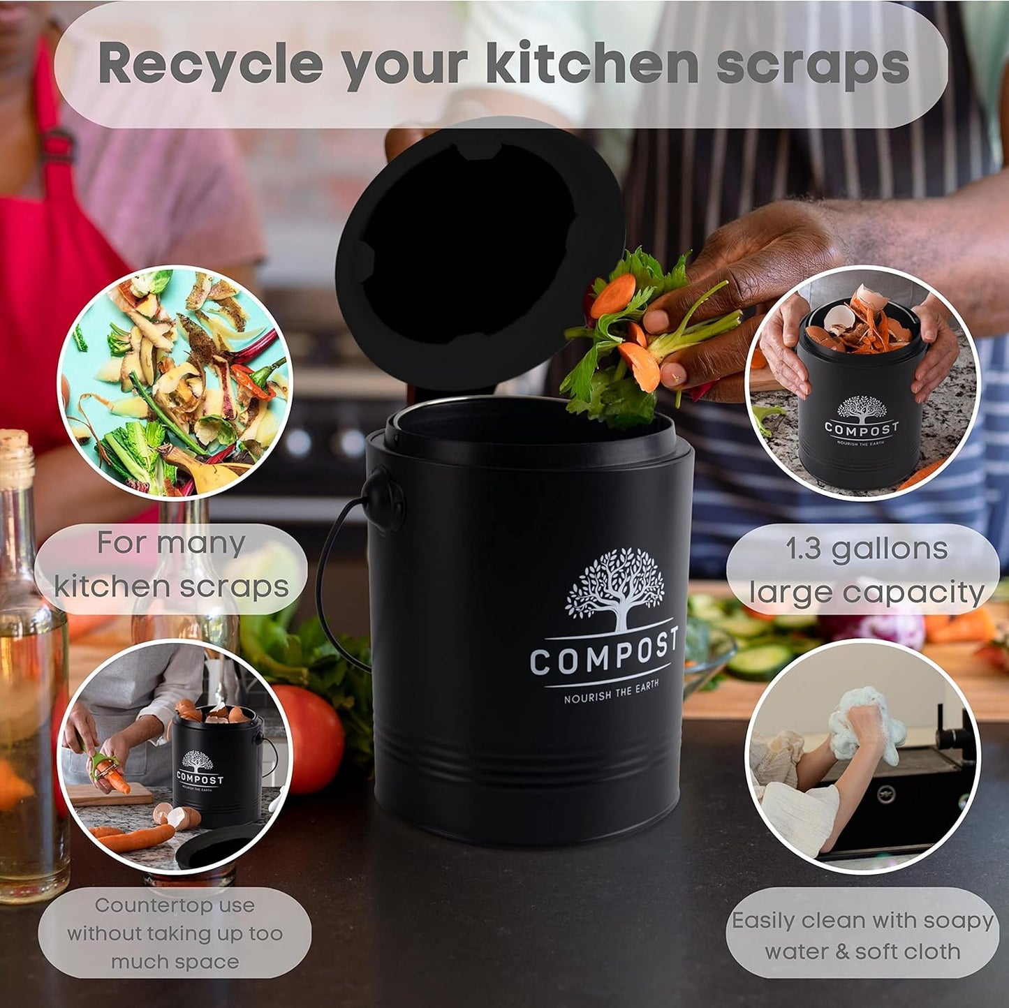 Perfnique Kitchen Compost Bin, 1.3 Gallon Countertop Compost Bin with Lid, Indoor Compost Bucket Includes Inner Bucket Liner and Carbon Filter, Small Compost Bin with Trash Bags (with Bags, Black)