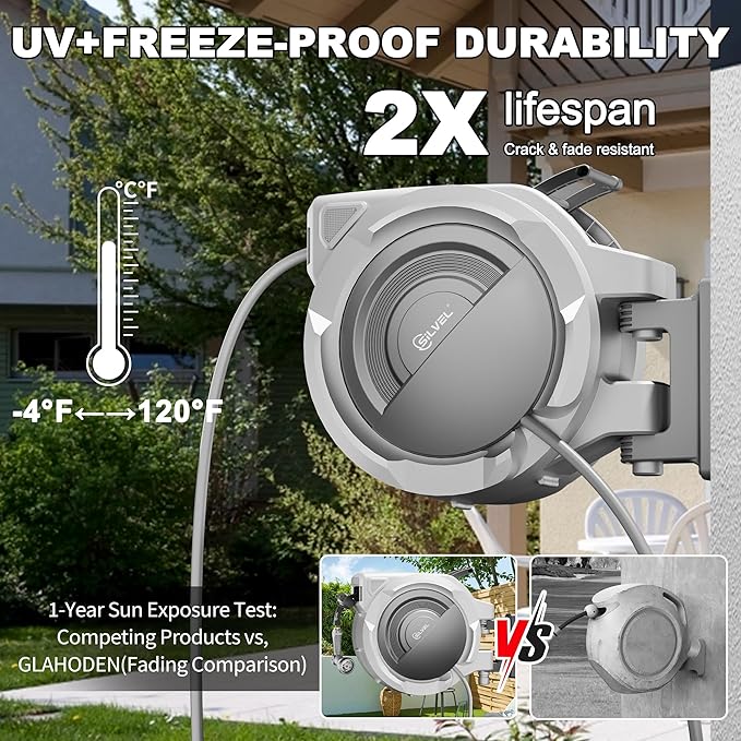 Retractable Garden Hose Reel, 5/8 in x 110FT Heavy Duty Auto Hose Reel Wall Mounted, Upgraded UV Resistant with 10 Pattern Nozzle, Any Length Lock & Slow Return System, 180°Swivel Bracket, Light Grey