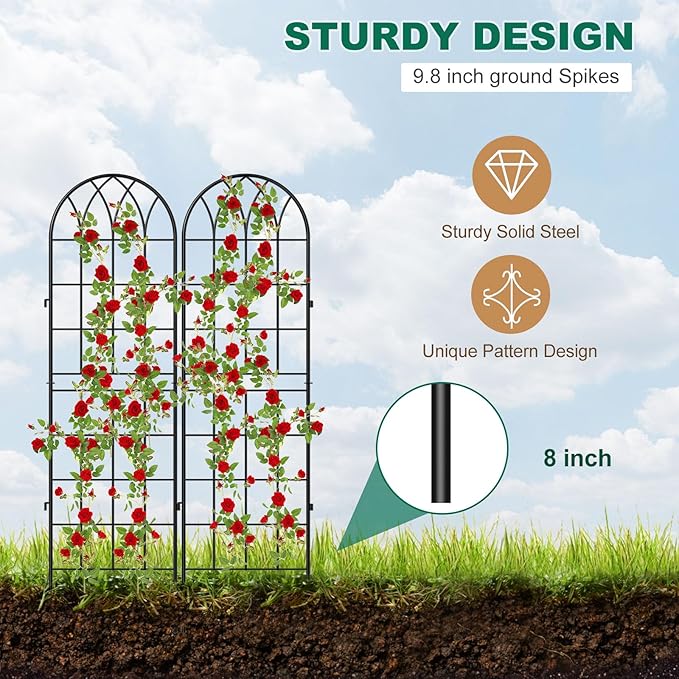 4 Pack Metal Garden Trellis for Climbing Plants, Black Metal Garden Trellis for Vines Plant Rose Vegetable Support,Large Decorative Outdoor Trellis