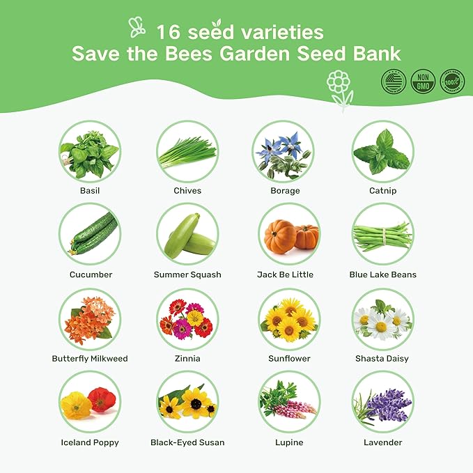 Lush&Dew Save Bees Garden Seed Bank, Gardening Gift for Women Men,16 Varieties Non-GMO Heirloom Pollinator-Friendly Flower Herb Seeds Kit, Planting in Raised Beds Outdoors, Milkweed Poppy Lupine