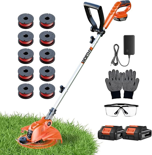 Electric Weed Wacker String Trimmer: 21V Cordless Weed Eater and Edger Battery Powered, 2 in 1 Lawn Tool with 12" Cutting Width, 2 x 2.0Ah Batteries and Charger Included, Eco Friendly Grass Cutter