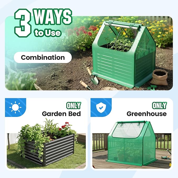 Quictent 4x3x2ft Galvanized Raised Garden Bed with Cover Metal Planter Box Kit, w/ 2 Large Screen Windows Mini Greenhouse 20pcs T Tags 1 Pair of Gloves Included Outdoor Growing Vegetables (Green)