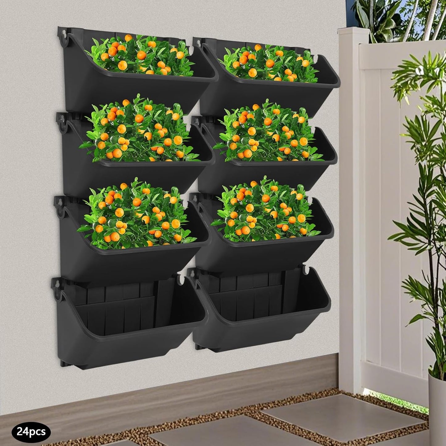 24-Pot Vertical Wall Planter, Self-Watering Stackable Planters for Indoor & Outdoor Use, Perfect for Herbs, Flowers & Vegetables (24, Black)