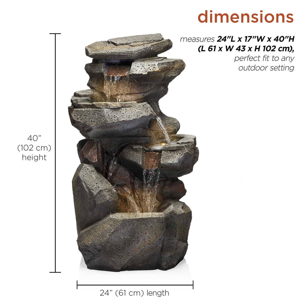 40" Tall Outdoor Multitiered Rock Waterfall Floor Fountain with LED Lights (Gray - 40" H - Multi-tier W/ Warm White Leds)