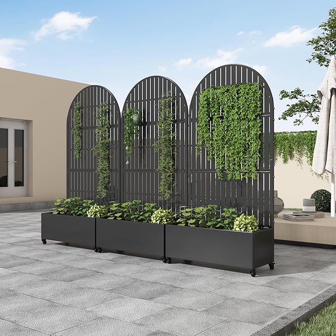 Casaphoria Metal Raised Garden Bed with Trellis and Wheels, 72"x35"x16" Arched Planter Box for Climbing Plants, Vegetables & Vines, Features Drainage Holes and Privacy Screen (Black-Fence)