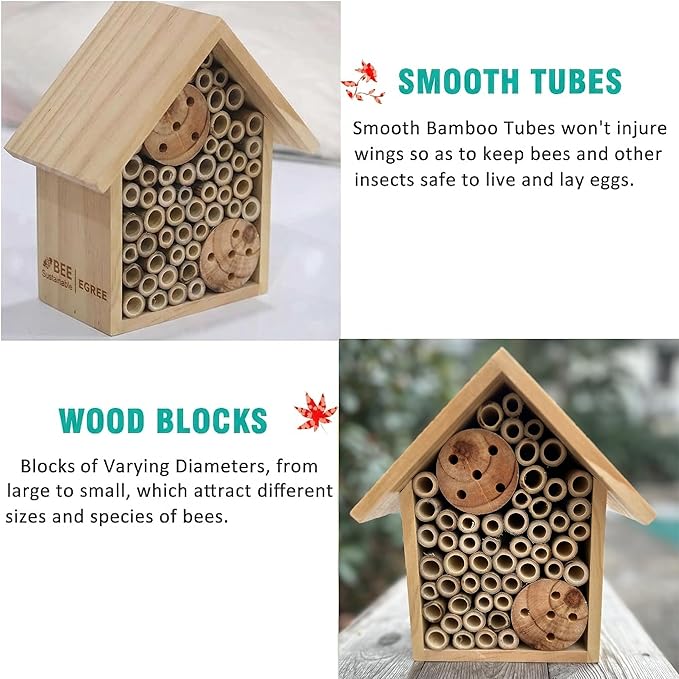 Mason Bee Houses Outdoor Wooden Bee Hotel for Garden and Yard Hand-Made Bamboo Bee Hive for Bees Butterflies and Ladybugs, Medium Size 8"x7.5"x5", Natural Finish