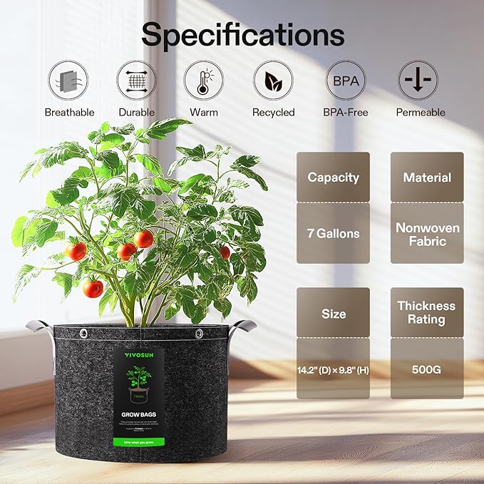 VIVOSUN 10-Pack 7 Gallon Grow Bags, 500G Thick Nonwoven Fabric Pots with Strap Handles, Multi-Purpose Rings, for Low Stress Plant Training Fruits, Vegetables, and Flowers