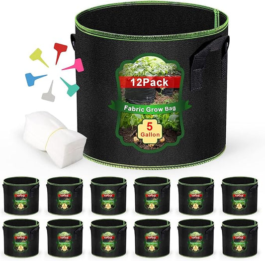 5 Gallon Grow Bags 12 Pack - Thickened Nonwoven Aeration Planter Bags with Handles, Plant Tags & Seedling Bags, Heavy Duty Black Fabric Pots for Vegetable Gardening Garden Outdoor