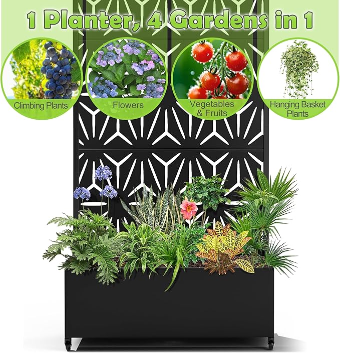 15.7"×70.9"×35.4" Metal Raised Garden Bed with Trellis and Wheels - Tall Trellis Planter Box for Climbing Plants, Vegetables & Vines - Outdoor Privacy Planters for Patio (Black-Star)