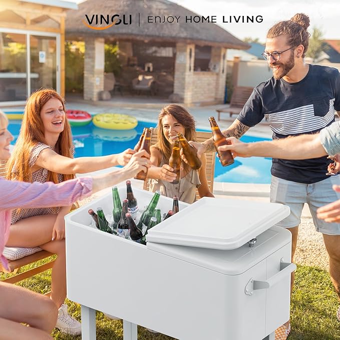 VINGLI 80 Quart Rolling Ice Chest, Portable Patio Party Bar Drink Cooler Cart, with Shelf, Beverage Pool with Bottle Opener