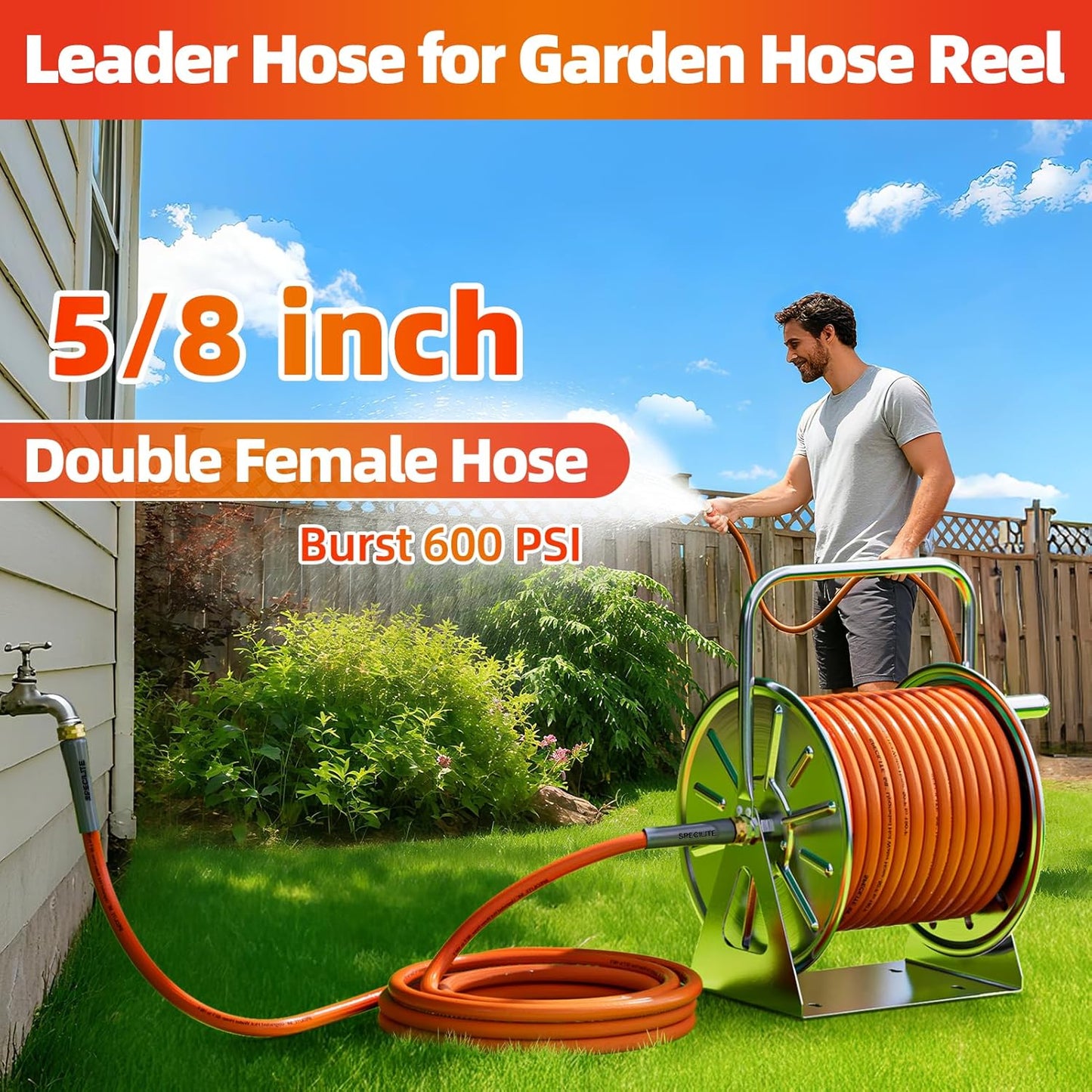 Garden Water Hose 20 ft x 5/8 in with Female to Female Connector, Small Leader Hose for Hose Reel, Heavy Duty, Flexible & Lightweight, Water Pipe, Outdoor Water Hose Extension Adapter