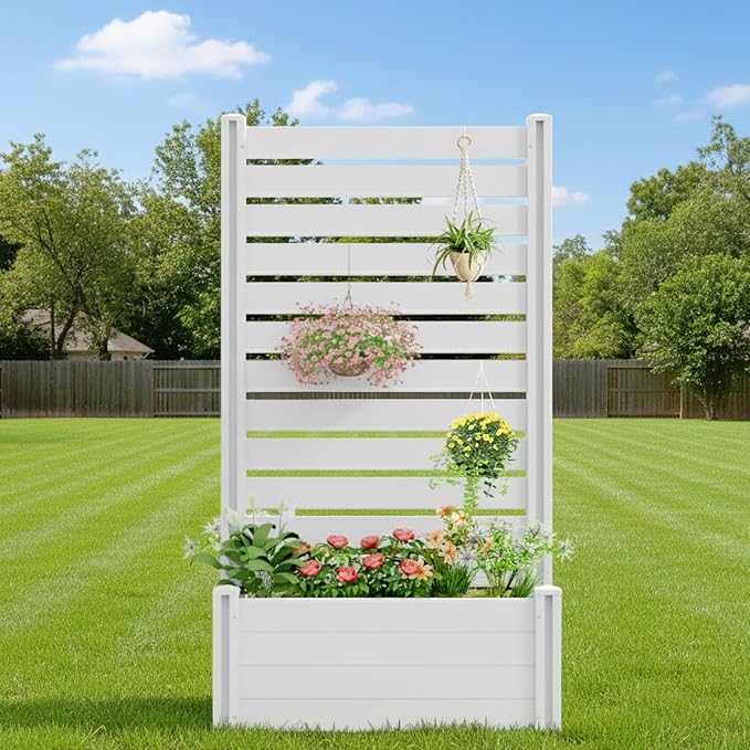 Casaphoria Raised Garden Bed with Trellis, 71"x35"x24" Planter Box with Open Bottom for Gardening Vegetables & Vines and Climbing Plants, White