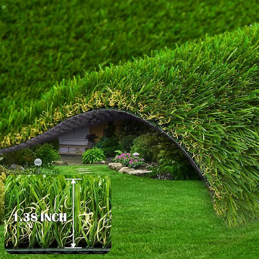 Artificial Grass Rug 4 FT x 57 FT Fake Faux Grass, Indoor Outdoor Patio Garden Lawn Landscape Synthetic Grass Mat, Realistic Turf, 4-Tone/Soft, with Drainage Holes & Rubber Backing