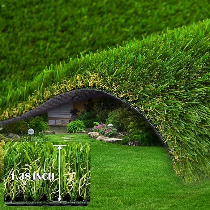 Artificial Grass Rug 10 FT x 50 FT Fake Faux Grass, Indoor Outdoor Patio Garden Lawn Landscape Synthetic Grass Mat, Realistic Turf, 4-Tone/Soft, with Drainage Holes & Rubber Backing
