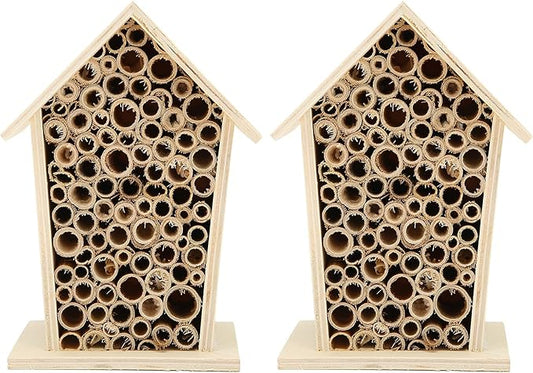 Bee House, Wooden Insect Hotel Hanging Bamboo Bees Hive Habitat Bug Garden Shelter Insects House Decoration Beneficial Nests Box Decorations for Butterfly Bird Outdoors Attracts Pollinators 2PCS