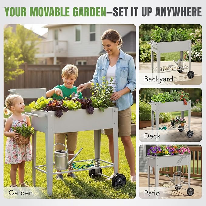 INNO STAGE 31.5" Tall Raised Garden Bed with Legs & Wheels- Elevated Planter Box with Shelf, Anti-Rust Metal Galvanized Steel Garden Bed for Herb, Vegetable, Gradening, Patio, Balcony, Backyard