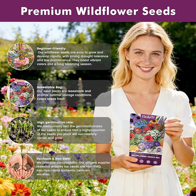 Wildflower Seeds Bulk 10000+, 1.06oz Butterfly Hummingbird Mix, 21 Variety Perennial Annual Mix, Non-GMO Heirloom Flower Seeds for Planting Outdoor Indoor, High Germination Rate Garden Seeds