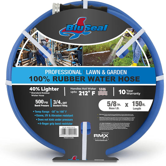 BluSeal Hot/Cold Water Rubber Garden Hose, 100% Rubber, Ultra-Light, Super Strong, 500 PSI, 50F to 190F Degrees, High Strength Polyester Braided (5/8" x 150')
