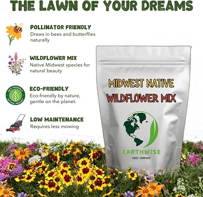 Earthwise Midwest Native Wildflower Seed Mix – Low Maintenance, Organic, Season-Long Blooms, Drought Tolerant, Pollinator Friendly, Pet Safe, Chemical-Free – Covers Up to 250 sq ft, 1/4 lb