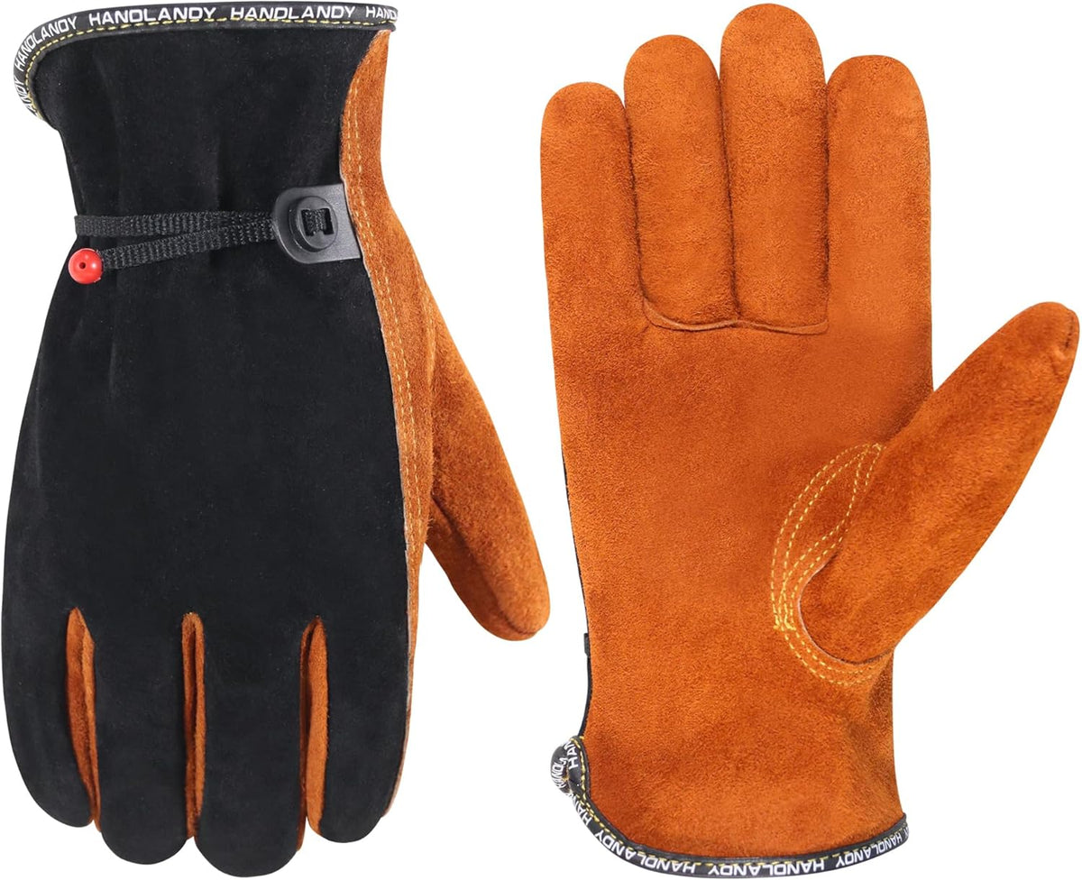 HLDD HANDLANDY Leather Work Gloves for Men & Women, Adjustable Wrist Cowhide Gardening Glove with Reinforced Palm for Driver