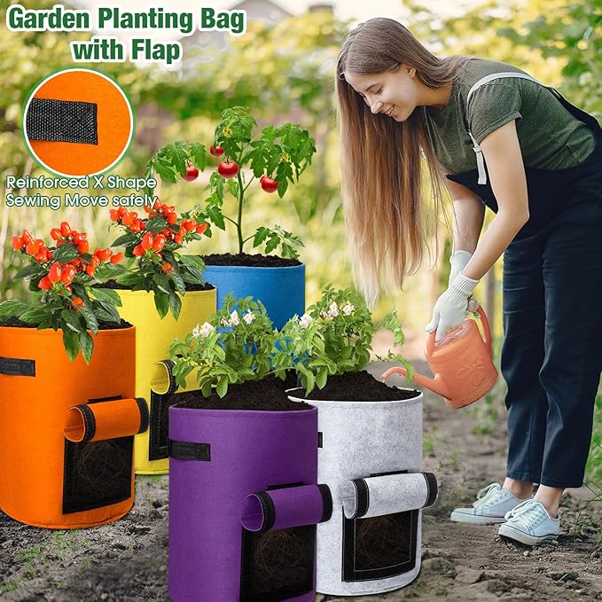 Hushee 10 Pcs 10 Gallon Potato Grow Bags Garden Planting Bag with Handle Fabric Thick Fabric Containers for Tomato Vegetable