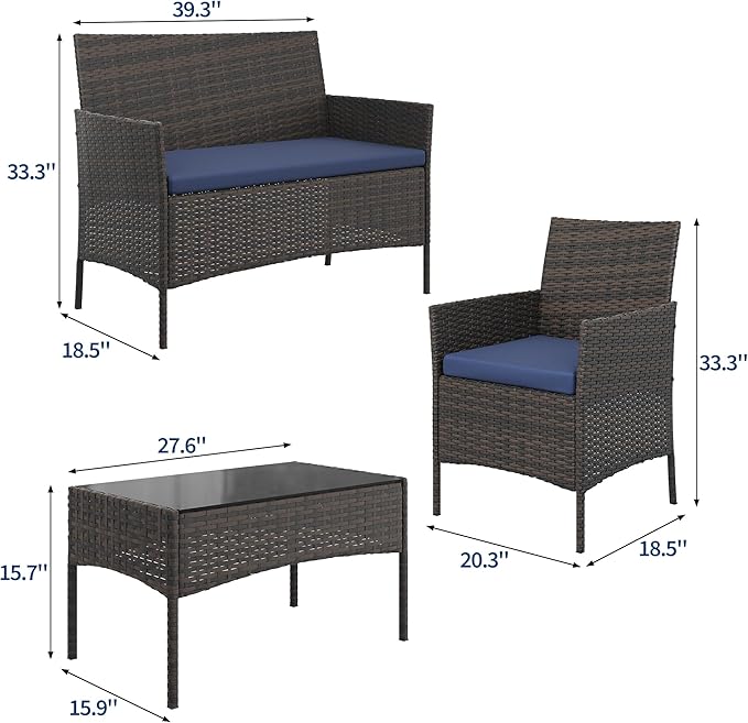 GAOMON 4-Piece Patio Furniture Set, Modern PE Rattan Conversation Set with 2 Chairs, Loveseat & Tempered Glass Coffee Table, All-Weather Outdoor Seating for Garden, Porch, Balcony, Poolside
