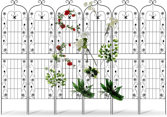 Blulu 6 Pack 71x20in Rose Trellis for Climbing Plants Outdoor, Heavy Duty Large Metal Garden Trellises with Decorative Rustproof Black Scroll Design for Vines, Flower Beds, Vegetables, Fencing