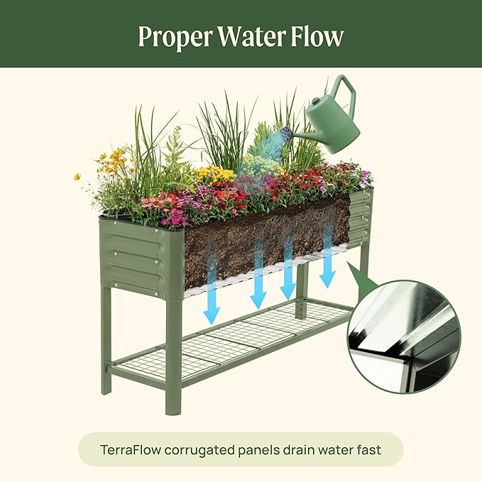 Elevated Raised Garden Bed- Slim Series, 1.5' x 5.5' Outdoor Planters Boxes with Legs & Storage Rack for Patio, 750 Lbs Weight Capacity, Raised Beds for Gardening Herbs Vegetables Flowers, Olive Green