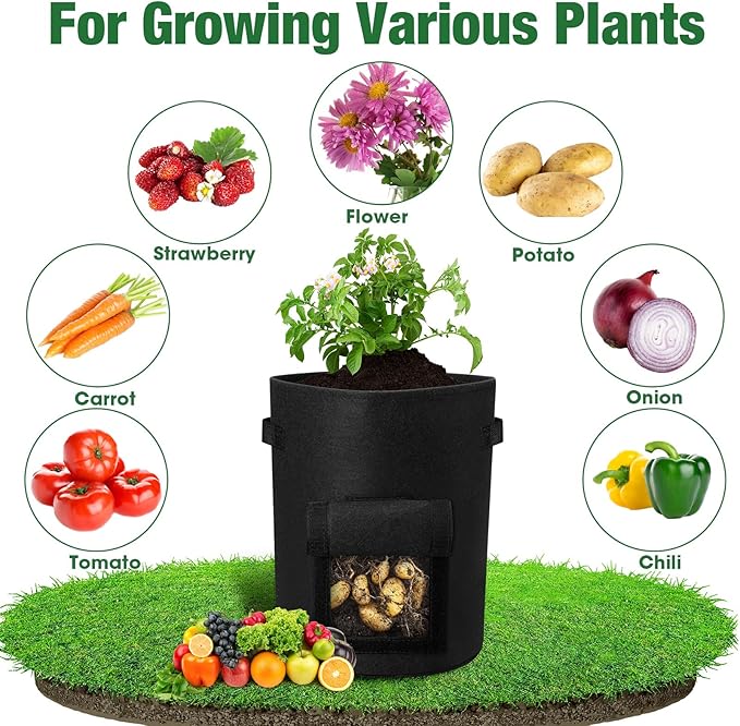 Hushee 10 Pcs 10 Gallon Potato Grow Bags Garden Planting Bag with Handle Fabric Thick Fabric Containers for Tomato Vegetable