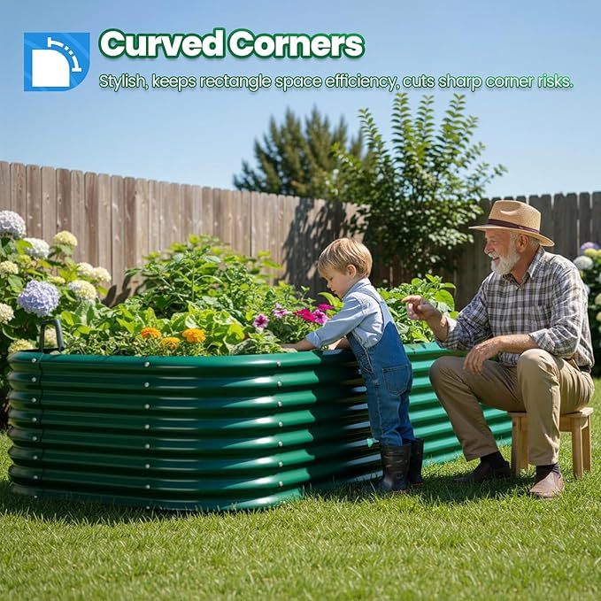 Quictent Galvanized Raised Garden Bed Kit, 8x4x2 ft Oval Metal Planter Box Tall for Vegetables Outdoor Backyard, Strengthened by Crossbar, Dark Green
