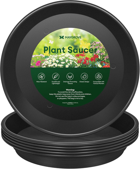 6 Pack Plant Saucer, 8 10 12 inch Plant Saucers for Indoor, Heavy Duty Plastic Plant Trays for pots, Grow Bags, Bird Baths, Flower Drip Trays for Indoor and Outdoor Uses (12", Black)