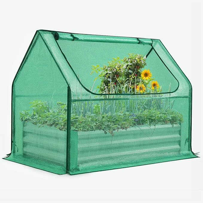 Quictent Raised Garden Bed with Cover Outdoor Galvanized Steel Planter Box Kit with Greenhouse Large Zipper Window Dual Use, 20pcs T-Type Tags & 1 Pair of Gloves Included 4x2.5x1 FT (Green)