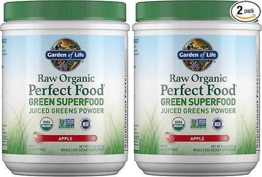 Garden of Life Raw Organic Perfect Food Green Superfood Juiced Greens Powder - Apple Flavor,30 Servings - Vegan Gluten Free Whole Food Dietary Supplement,Greens Plus Probiotics & Enzymes,(Pack of 2)