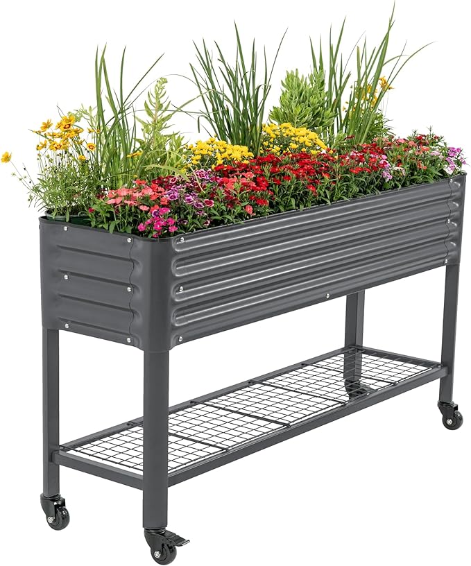 Rolling Elevated Raised Garden Bed - Slim Series, 1.5' x 5.5' Outdoor Planters Boxes with Legs & Storage Rack for Patio, 750 Lbs Weight Capacity, Raised Beds for Gardening Herbs Flowers, Modern Gray
