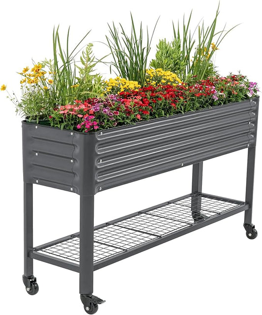 Rolling Elevated Raised Garden Bed - Slim Series, 1.5' x 5.5' Outdoor Planters Boxes with Legs & Storage Rack for Patio, 750 Lbs Weight Capacity, Raised Beds for Gardening Herbs Flowers, Modern Gray