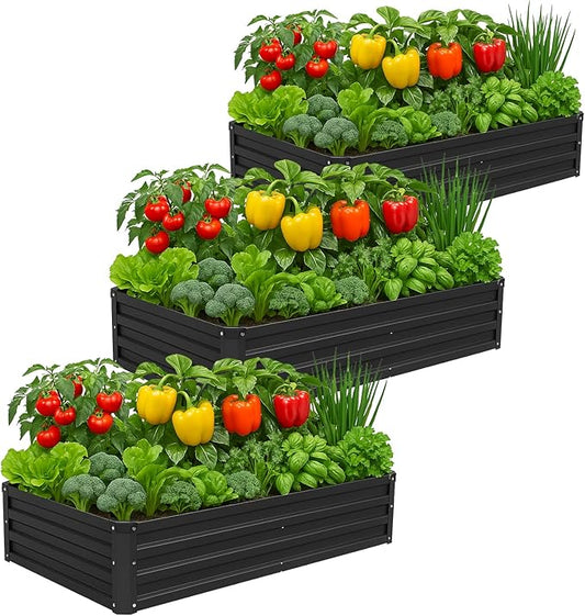 3 Pack 6x3x1FT Galvanized Raised Garden Beds Kit Outdoor Metal Gardening Planter Box for Vegetable Elevated Flower Herbs,Black