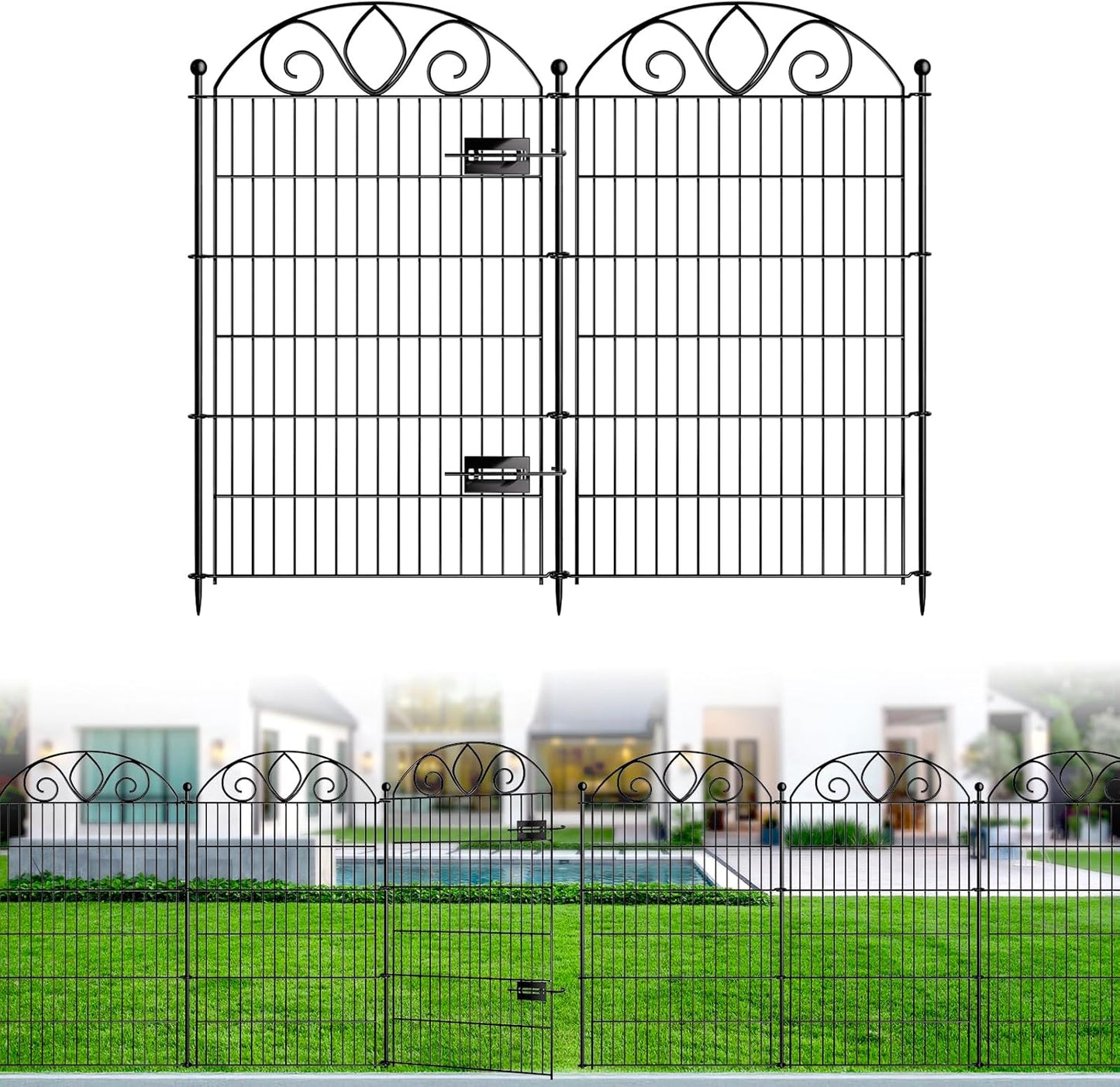 10 Panels No Dig Tall Garden Fence with Gate – 44" H X 23.6' L Rustproof Metal Dog Fence Outdoor for Yard, Decorative Animal Barrier Fence for Pet, Garden Border, Patio, Flower | Temporary Fencing