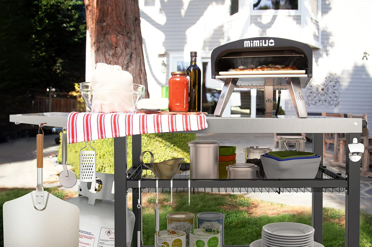 only fire Pizza Oven Table Cart for Ooni, Ninja Woodfire, Blackstone Griddle, Cuisinart Pizza Oven, Outdoor Stainless Steel Food Prep Table Movable Food Prep Cart Grill Stand with Storage Basket