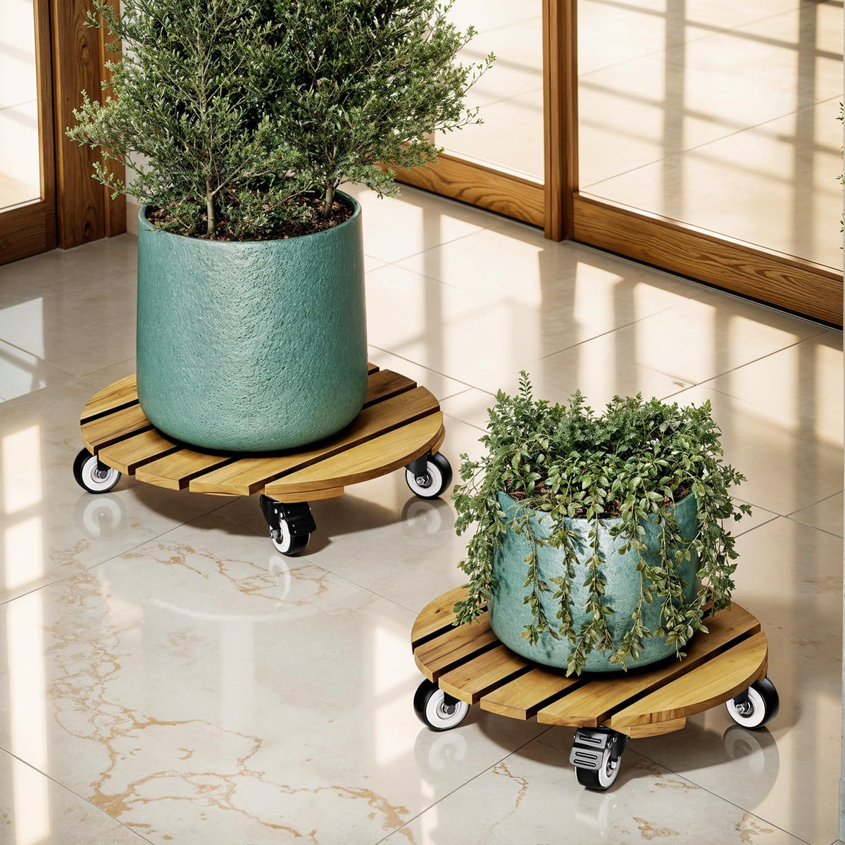 Combo 12 Inch and 14 Inch Acacia Wood Rolling Round Planter Caddies for Plant Pots (Round Wood Light Natural / 12 + 14 Inch)