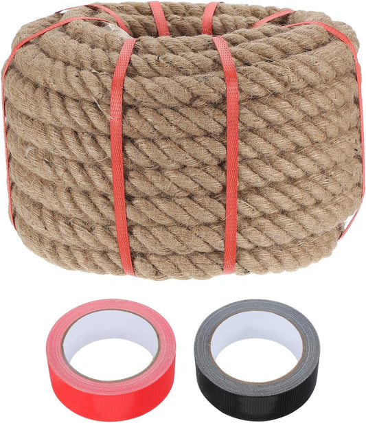 MECCANIXITY Jute Rope 1.2 Inch x 66ft, Thick Twine Rope Ropes Braided Jute Twine Natural Brown Burlap Cord String Heavy Twisted with Tapes for Decorative Crafts Railing Swing Tug of War