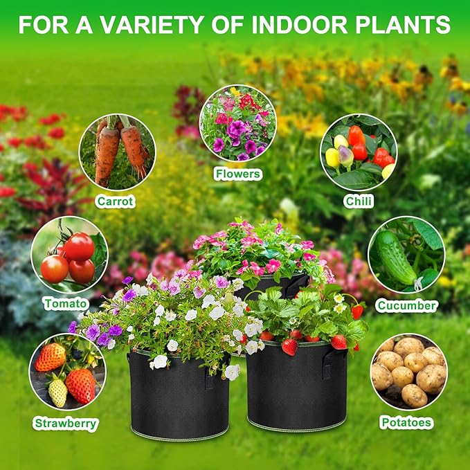 5 Gallon Fabric Grow Bags 6-Pack, Thickened Aeration Planter Bags with Handles Plant Tags Seedling Bags for Outdoor Indoor Vegetable Garden, Black