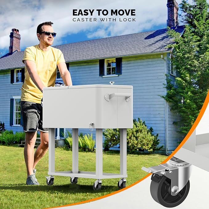 VINGLI 80 Quart Rolling Ice Chest, Portable Patio Party Bar Drink Cooler Cart, with Shelf, Beverage Pool with Bottle Opener