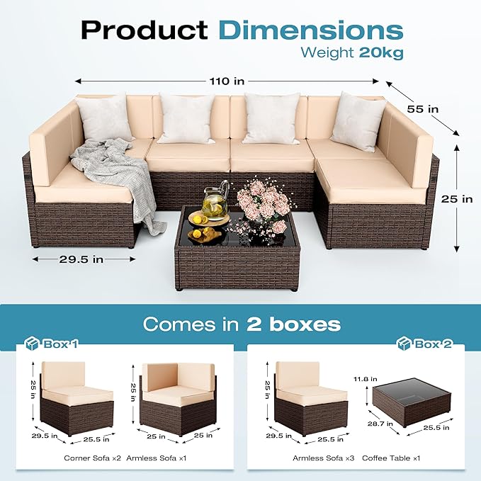 Pamapic Patio Furniture Set, 7 Pieces Modular Outdoor Sectional, Patio Sectional Sofa Conversation Set, Rattan Sofa with Coffee Table and Washable Cushions Covers (Brown Sugar)