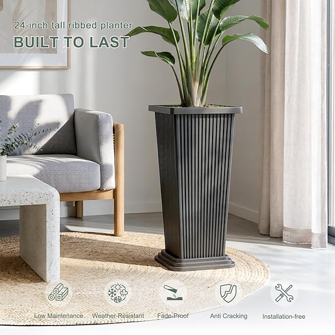 Set of 2 Tall Outdoor Planters with Drainage Tray, 24 Inch Large Flower Pots for Indoor Plants, Front Porch Tall Planter, Weather-Resistant (Gray Ribbed)