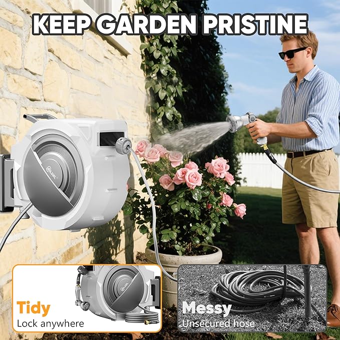 Retractable Garden Hose Reel, 5/8 in x 110FT Heavy Duty Auto Hose Reel Wall Mounted, Upgraded UV Resistant with 10 Pattern Nozzle, Any Length Lock & Slow Return System, 180°Swivel Bracket, Light Grey